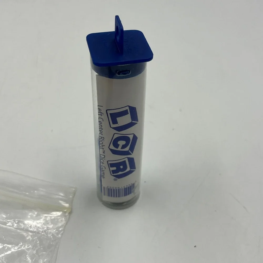 LCR Left Center Right Dice Game Blue Tube w Instructions Extra Multi-Color Chips